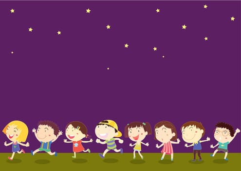 illustration of kids on dark night sky background