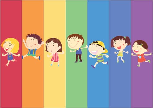 illustration of kids on rainbow background