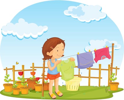 illustration of girl putting cloths for drying