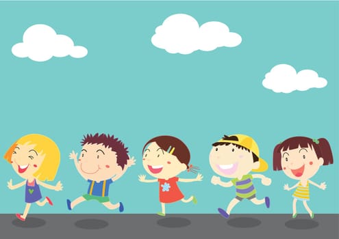 illustration of kids on blue sky background