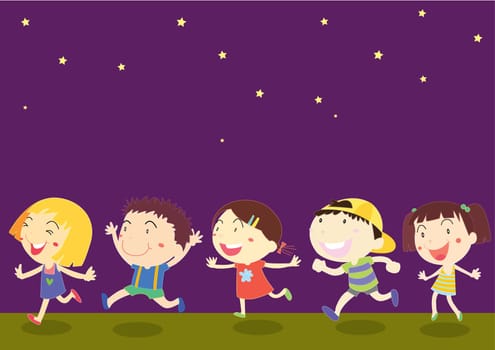 illustration of kids on dark night sky background