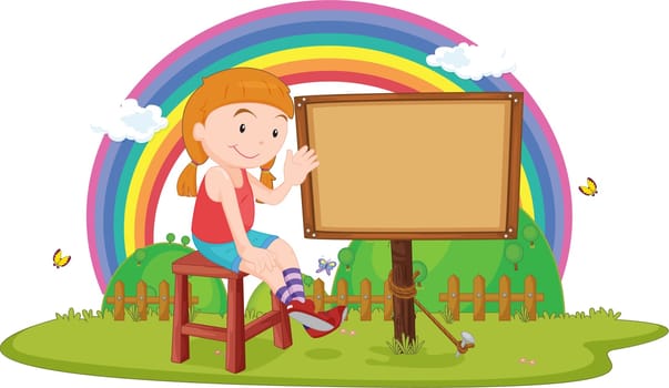 Illustration of A Girl sitting near a blank board on white background