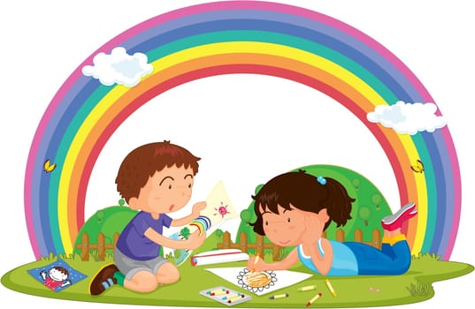 Illustration of Boy & Girl Painting in Lawn on colorful background