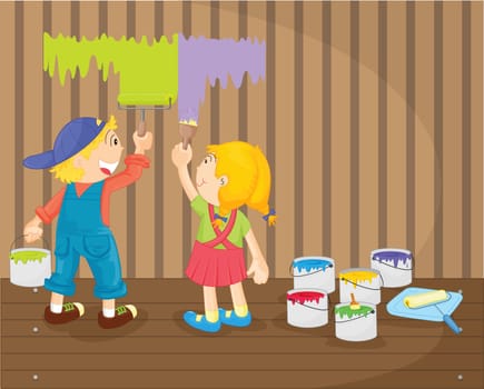 illustration of kids painting the wall