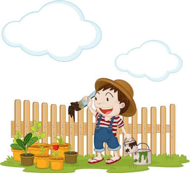 Illustration of A Boy Painting Fencing on white background