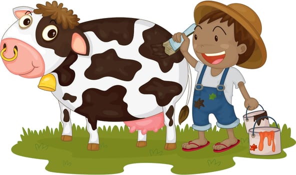 Illustration of A Boy Painting on a Cow on white background