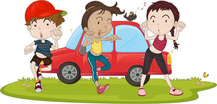 Illustration of Boy and Girls Next to Car on white background
