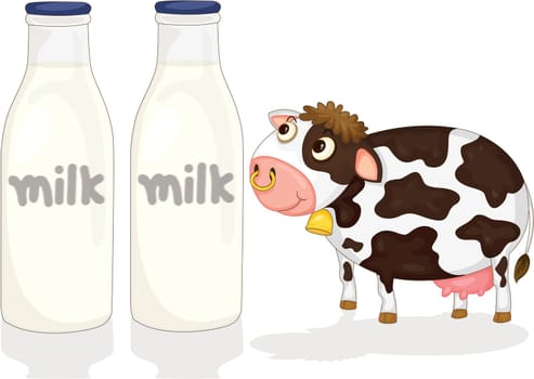 Illustration of A Cow Watching at Milk Bottles on white background