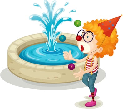 Illustration of a boy near a pond showing tricks on a white background