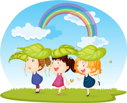 Illustration of three girls protecting from rain on white background