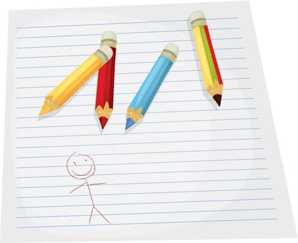 Illustration of  color pencils and paper on white background