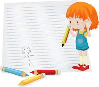 Illustration of A Girl Drawing Cartoon on white background
