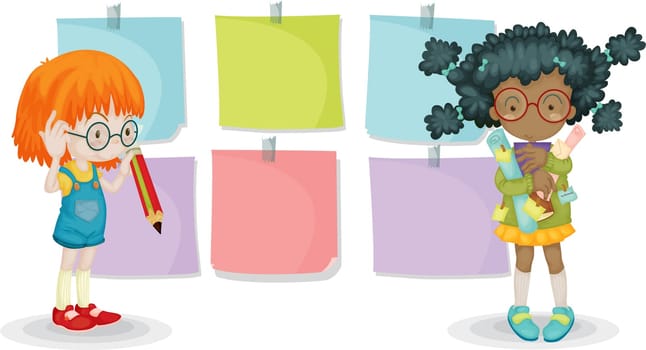 Illustration of Two Girls With Drawing Material  on white background