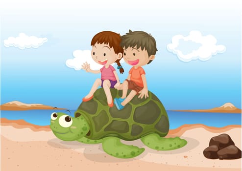 Illustration of Girl and Boy Sitting on Tortoise on colorful background