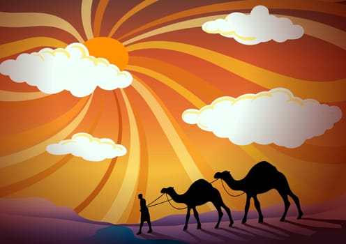 illustration of man and camel in desert