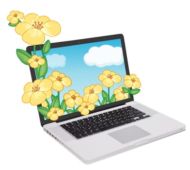 Flowers coming out of a computer screen