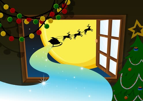 illustration of santa going in reindeer vehicle in christmas