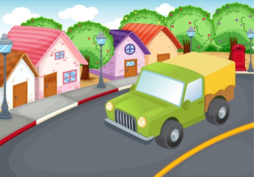 illustration of a green car driving on a road