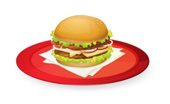 illustration of burger in red dish on white