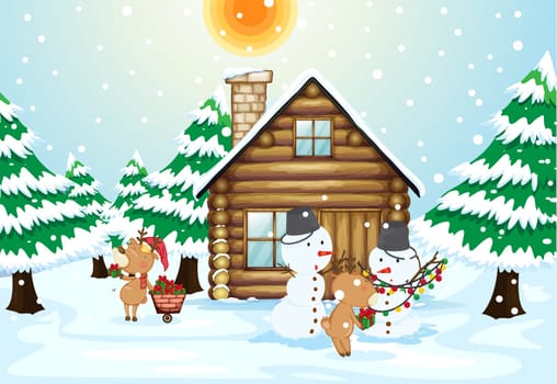 illustration of a house, snowmen and reindeers in a beautiful nature