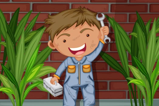illustration of a young mechanic standing in front of a wall