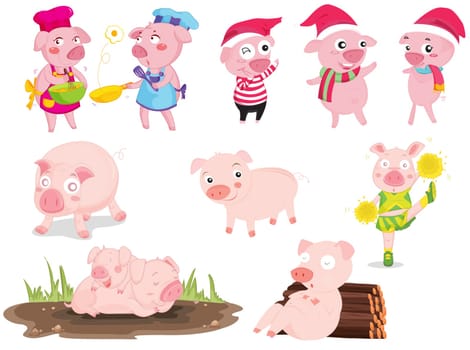 an illustration of pigs doing different things
