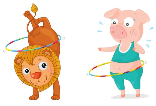 Illustration of an acrobatic lion and pig