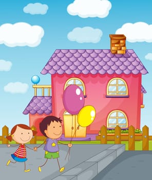 illustration of kids and a house in a beautiful nature