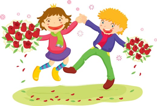 cartoon illustration of a child with roses