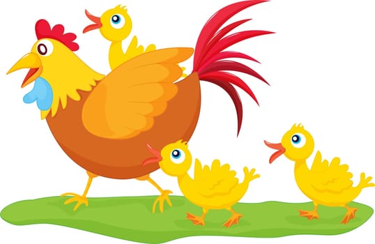 an illustration of a rooster and some ducklings