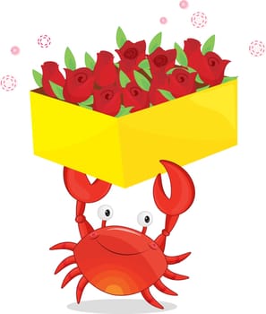 an illustration of a crab holding a box of roses