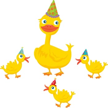 an illustration of four ducks with party hats on