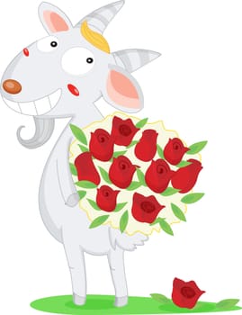 an illustration of a lamb holding a bunch of red roses