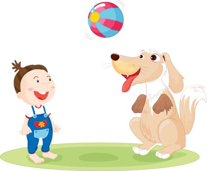an illustration of a child and a dog playing with a ball