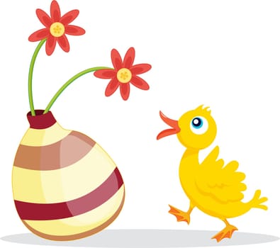 an illustration of a bird looking at up some flowers