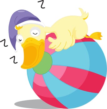 an illustration of a duck sleeping on a beach ball