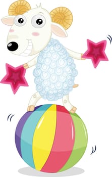 an illustration of a sheep balancing on a beach ball