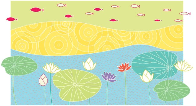 illustration of fish and lotus in the lake