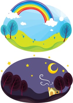 illustration of rainbow and dark night sky