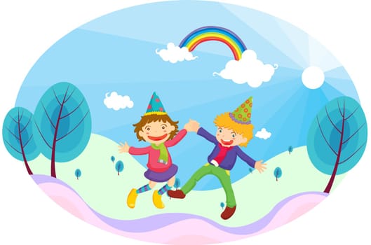 Illustration of dancing kids on blue background