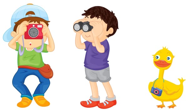 Illustration of kids with various objects on white