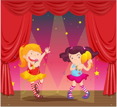 Illustration of girls singing and dancing on stage