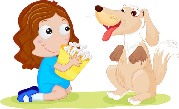 an illustration of a girl giving her bed dog some bones