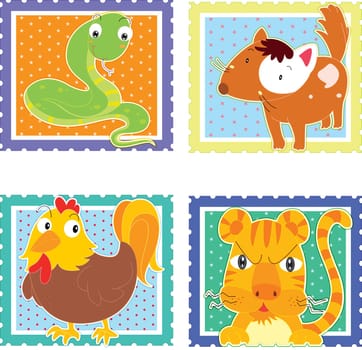 illustration of animal stamps on white