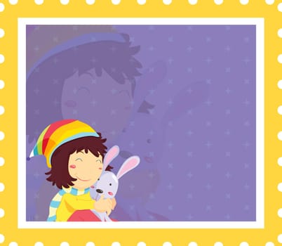 Girl in colouful hat hugging rabit on purple background