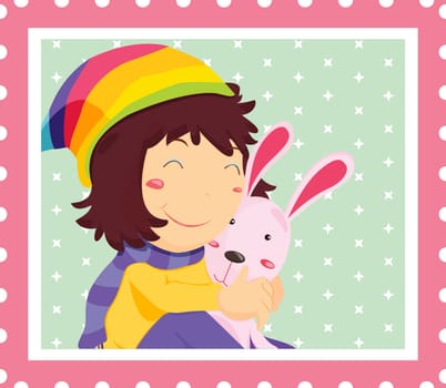 Winter scene of girl hugging rabit on stamp