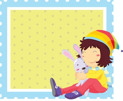 Girl hugging rabbit, sitting down on stamp