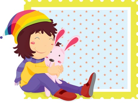 Girl hugging a rabbit on a stary background