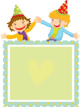 Two boys wearing party hat above a green square