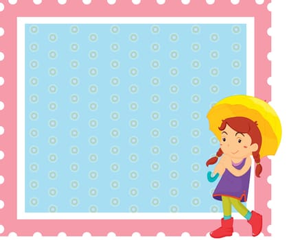 Girl with umbrella walking in front of blue background